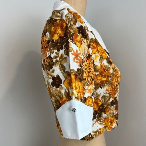 VTG Handmade Women Small Brown White Floral Collared Babydoll Cropped Top Blouse - Picture 3 of 14